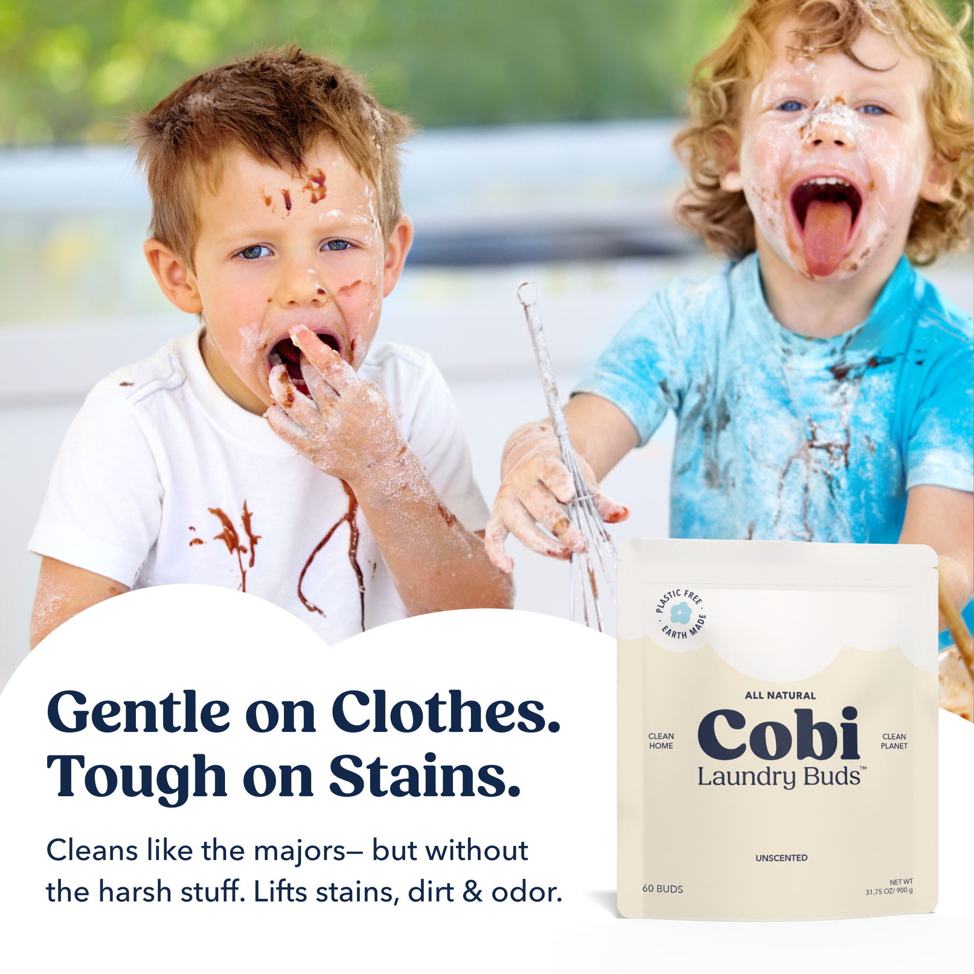 Two messy kids covered in food - Cobi lifts stains, dirt and odor without harsh chemicals